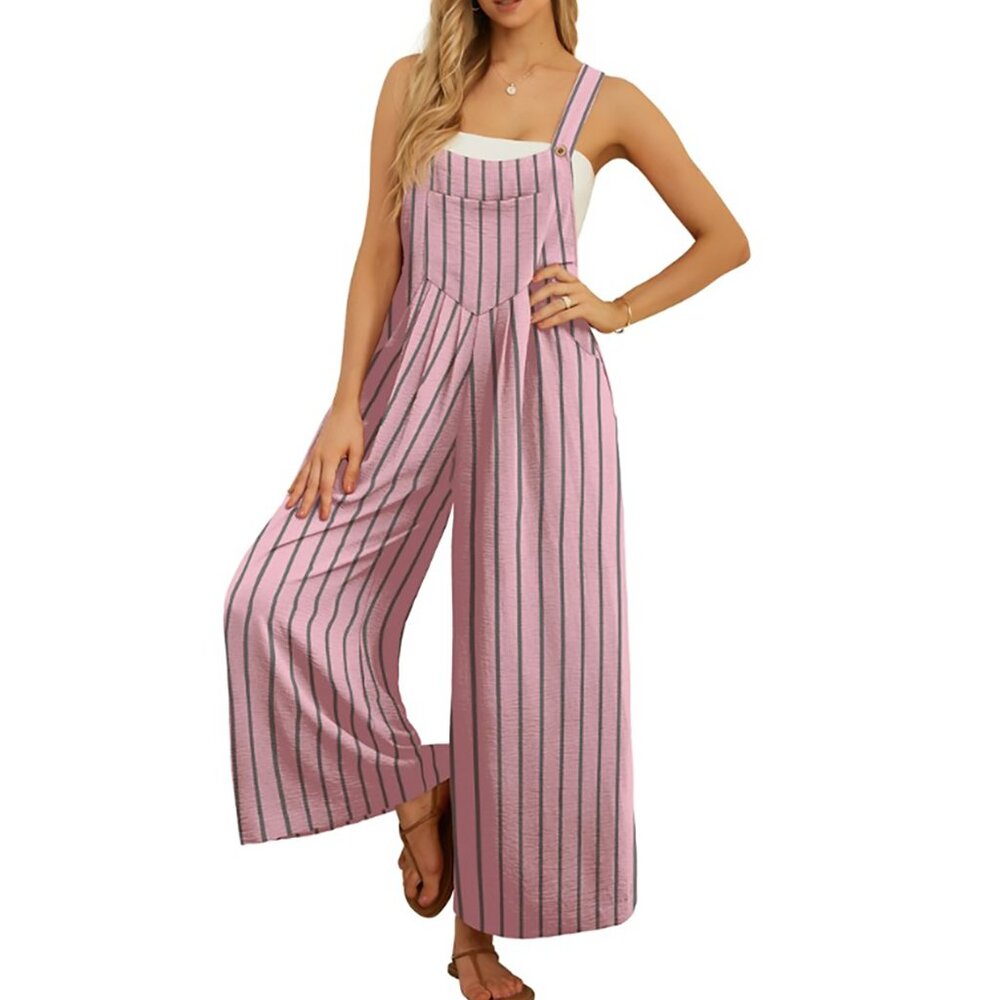 NWT Pink Grey Striped Wide Leg Overalls, Chic, Pockets, 3 Button Adjust Straps